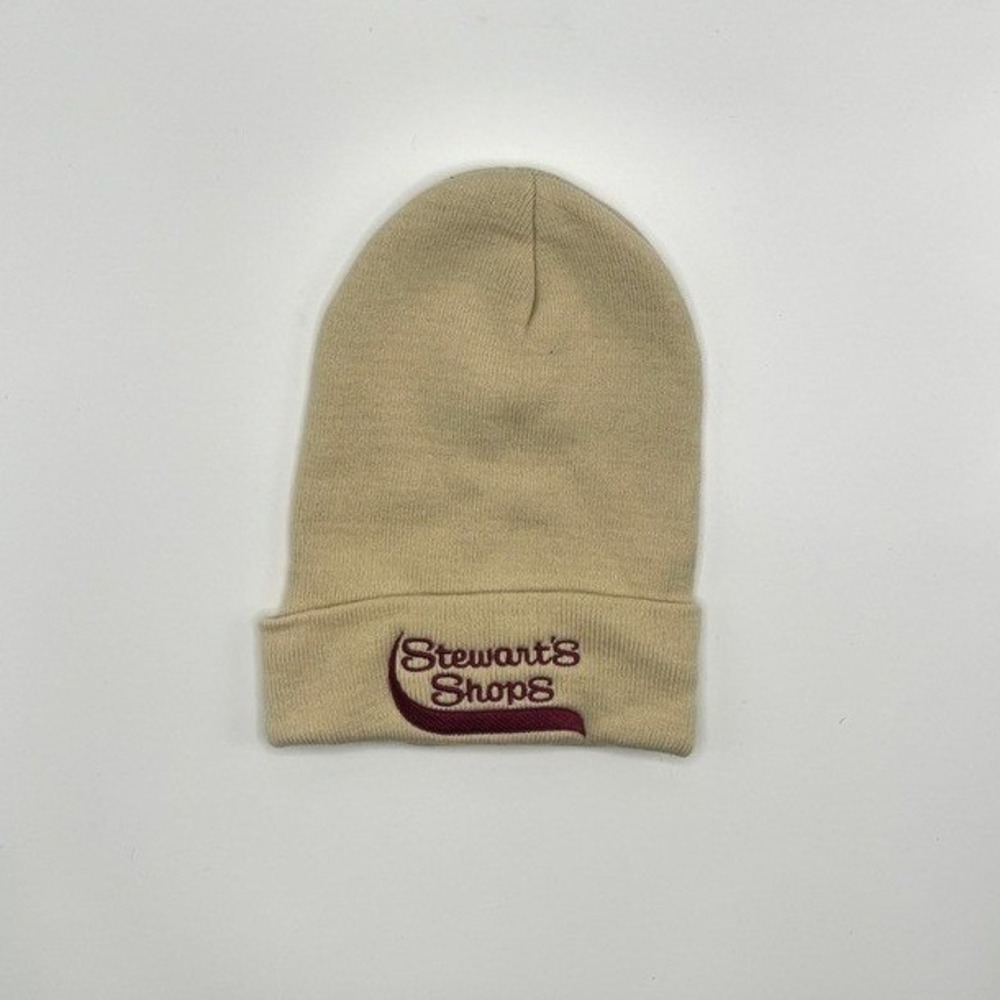 Stewarts Shops Beanie Hat Tan Khaki Embroidered Logo Cuffed Knit Cap NY VT Gas